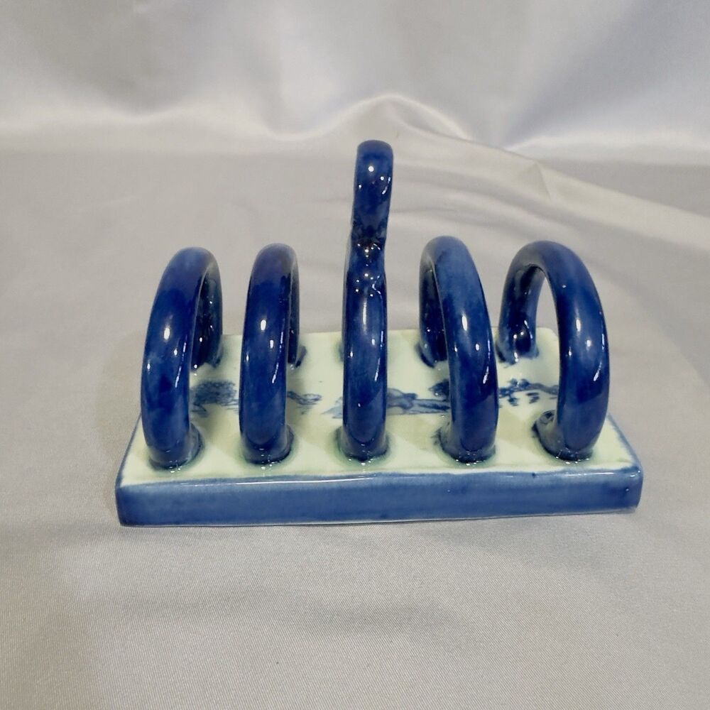Antique English Mason's Ironstone Toast Rack Cobalt Blue Asian Scene 4 Slice